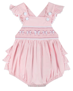 Pink and White bows Smocked Ruffle Bubble Romper