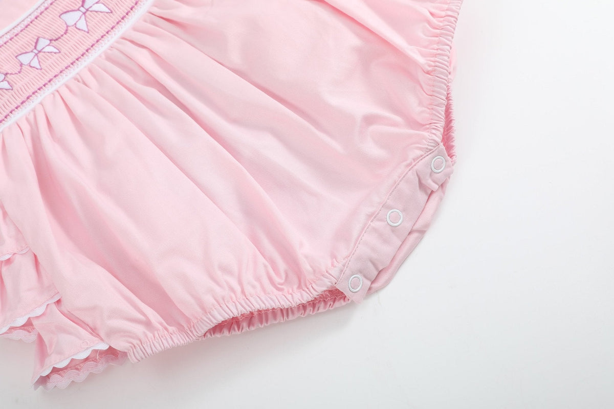 Pink and White bows Smocked Ruffle Bubble Romper