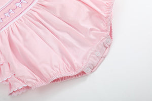 Pink and White bows Smocked Ruffle Bubble Romper