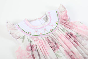 Pink and White Peony Bunny Smocked Bishop Dress