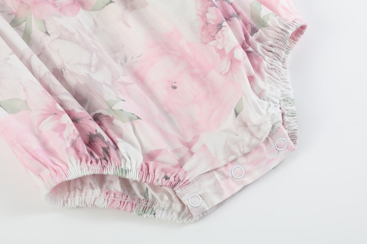 Pink and White Peony Bunny Smocked Flutter Bubble Romper