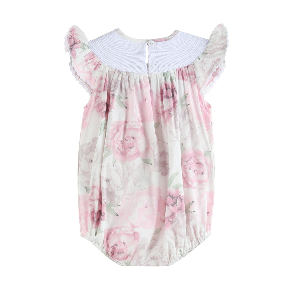 Pink and White Peony Bunny Smocked Flutter Bubble Romper