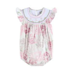 Pink and White Peony Bunny Smocked Flutter Bubble Romper