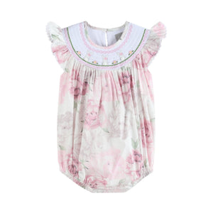 Pink and White Peony Bunny Smocked Flutter Bubble Romper