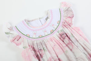 Pink and White Peony Bunny Smocked Flutter Bubble Romper