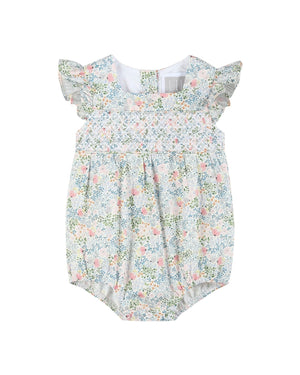 Pink Floral Print Smocked Flutter BubbleRomper