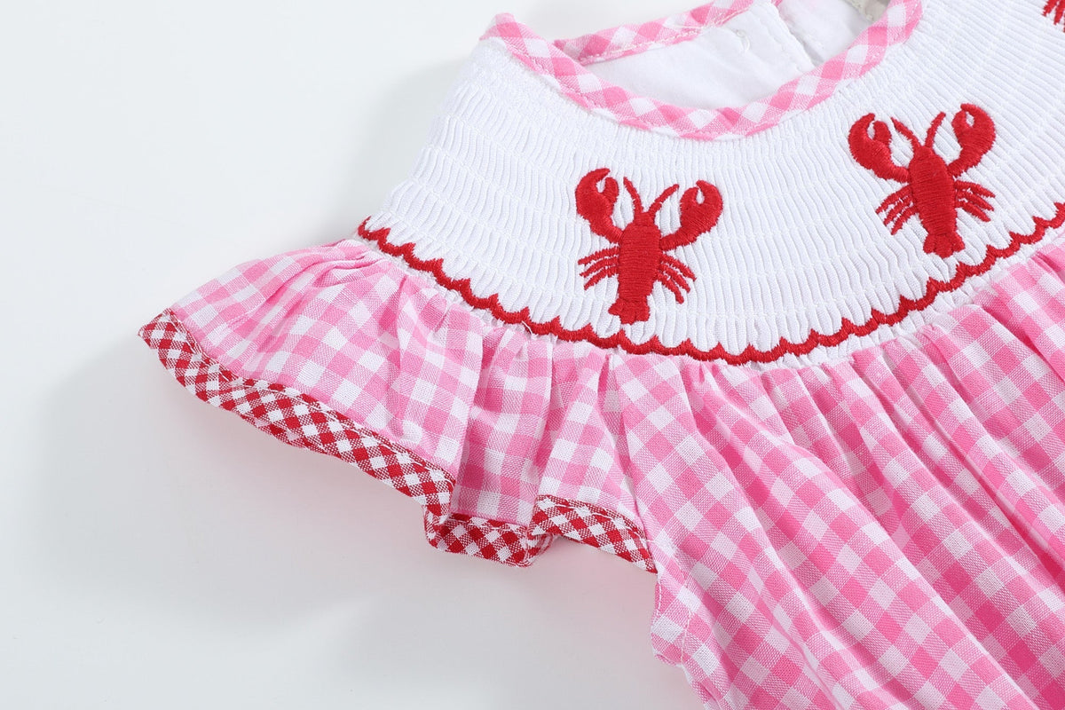 Pink Gingham Crawfish Smocked Flutter Bubble Romper