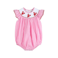 Pink Gingham Crawfish Smocked Flutter Bubble Romper