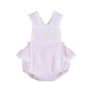 Pink Seersucker Bunny Ruffle Bubble Romper