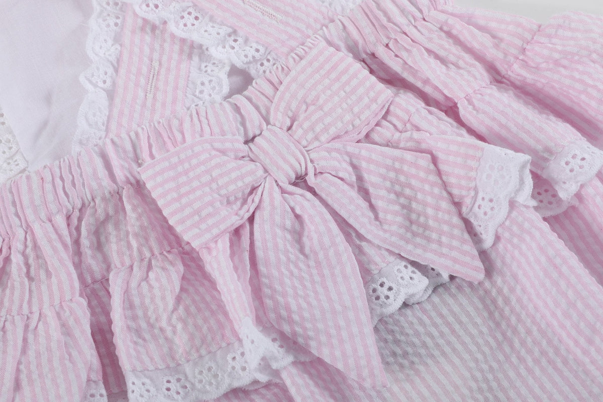 Pink Seersucker Bunny Ruffle Bubble Romper