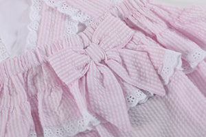 Pink Seersucker Bunny Ruffle Bubble Romper