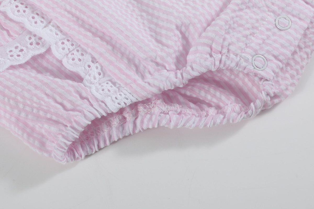Pink Seersucker Bunny Ruffle Bubble Romper