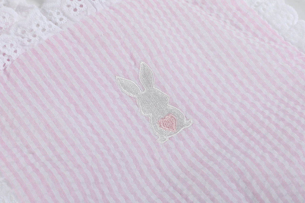 Pink Seersucker Bunny Ruffle Bubble Romper