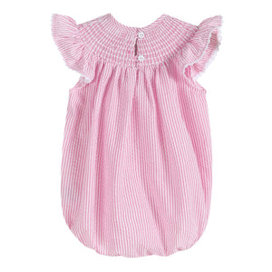 Pink Seersucker Running Bunnies Smocked Flutter Bubble Romper
