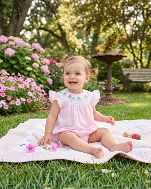 Pink Strawberry Vine Smocked Bubble Romper