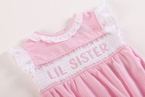 Pink Striped Lil Sister Smocked Bubble Romper