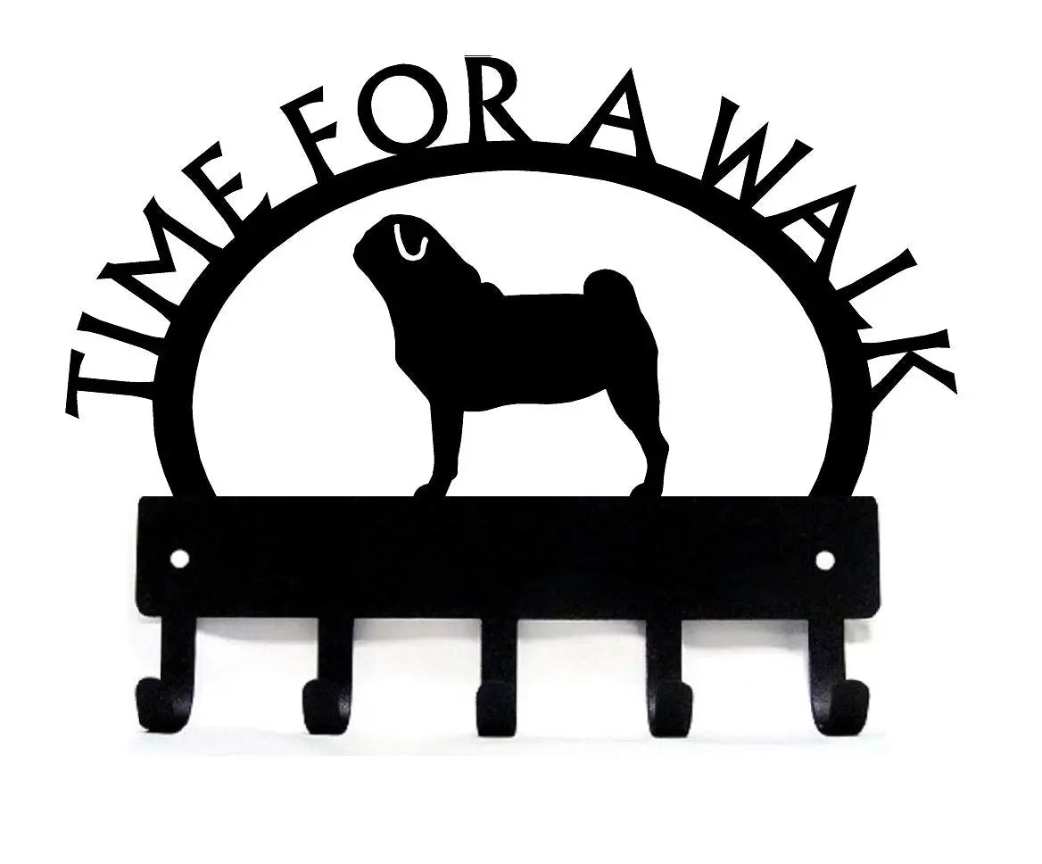 Pug TIME FOR A WALK Dog Key Rack & Leash Holder