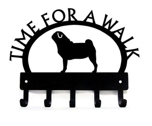 Pug TIME FOR A WALK Dog Key Rack & Leash Holder