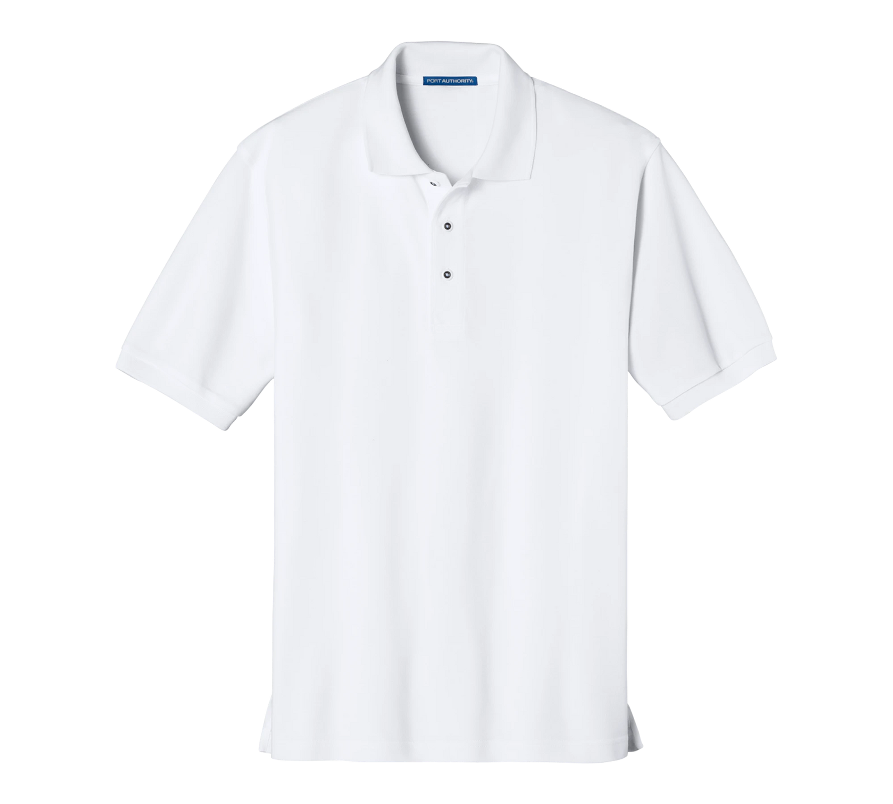 Purple Turtle Gifts white short-sleeve polo shirt with flat knit collar and cuffs, 65/35 poly/cotton pique.