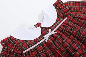 Red Christmas Plaid Colllared Ruffle Dress