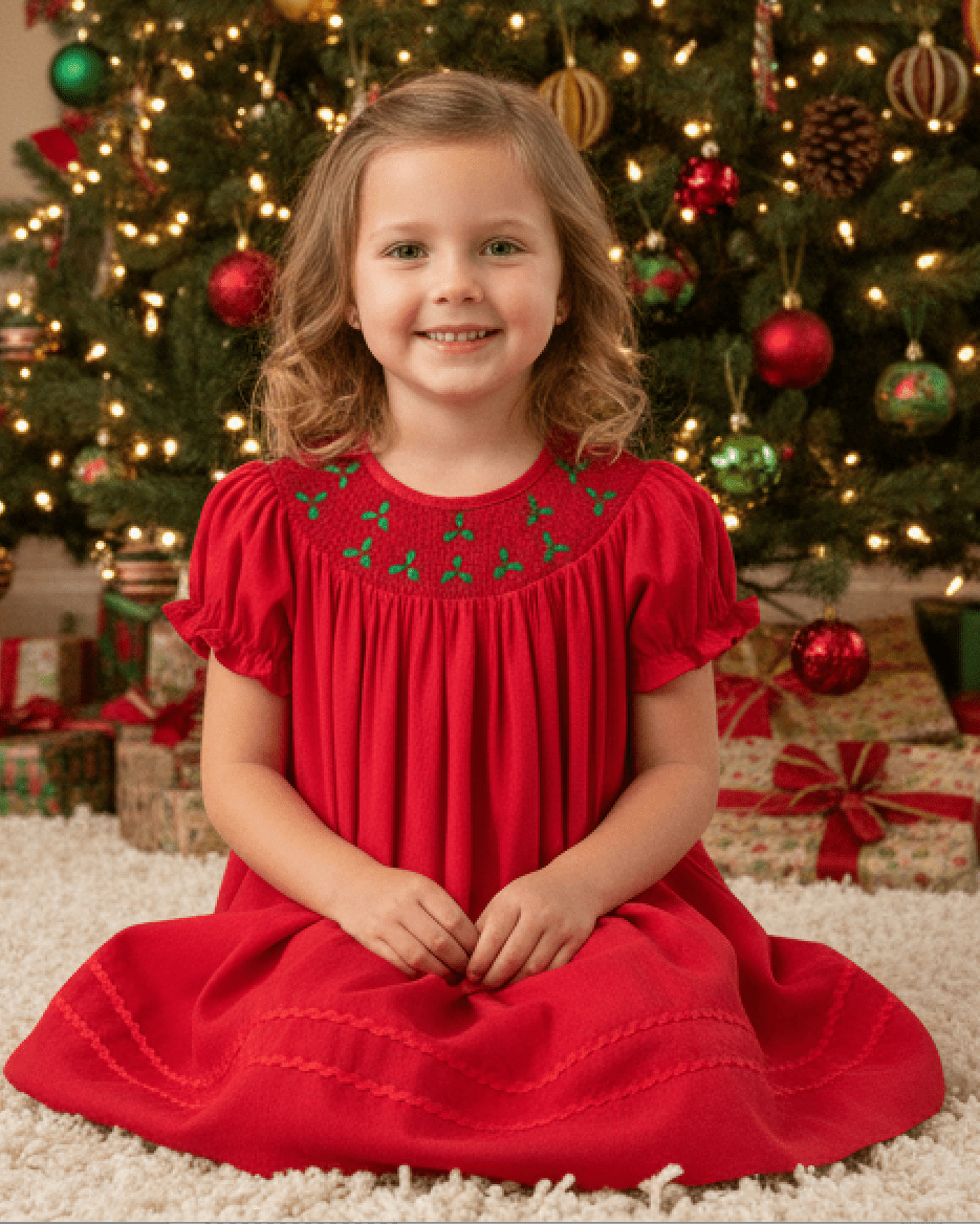 Red Corduroy Mistletoe Smocked Bishop Dress