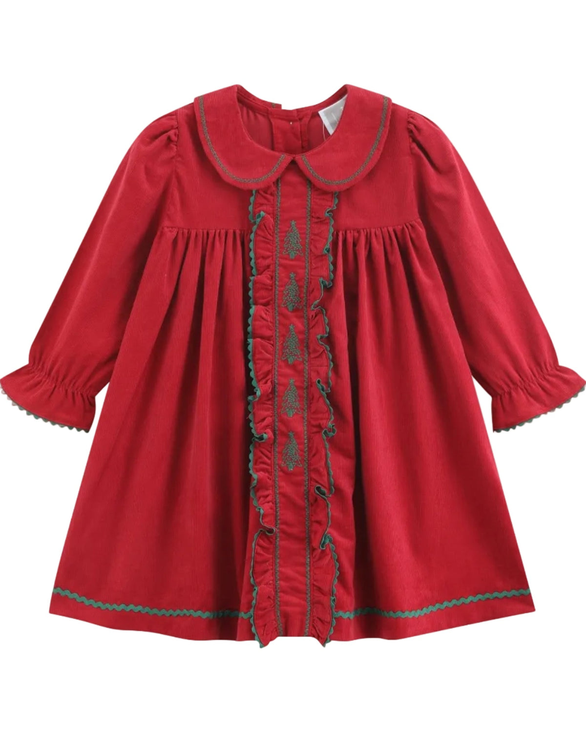 Red Corduroy Ruffle Dress with Christmas Trees
