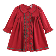 Red Corduroy Ruffle Dress with Christmas Trees
