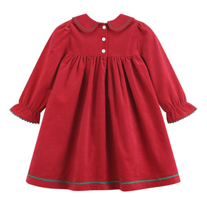 Red Corduroy Ruffle Dress with Christmas Trees