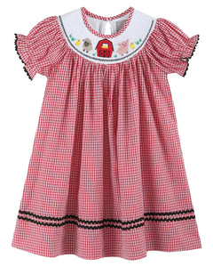 Red Gingham Barn Animals Smocked Bishop Dress