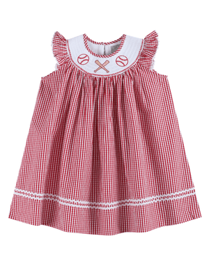 Red Gingham Baseball Smocked Bishop Dress