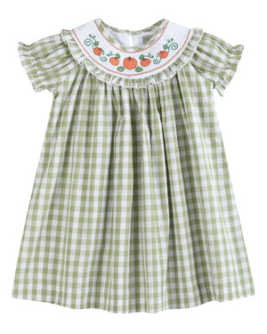 Sage Green Gingham Pumpkin Smocked Bishop Dress