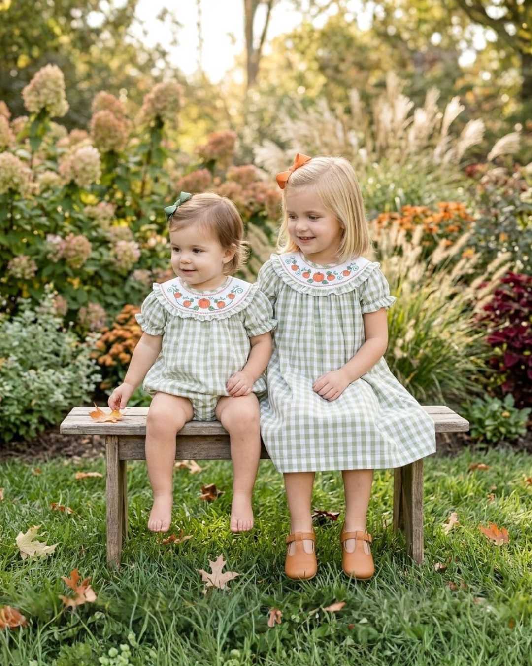 Sage Green Gingham Pumpkin Smocked Bubble Romper