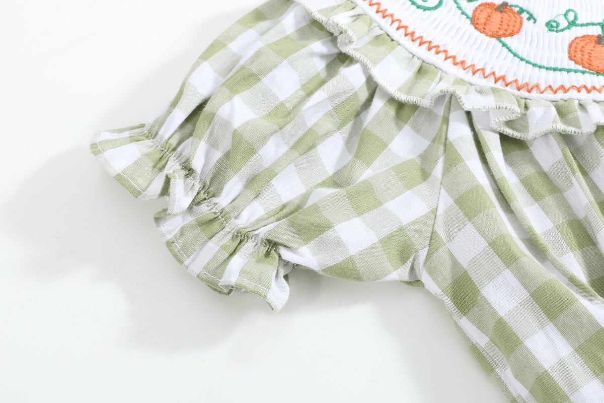 Sage Green Gingham Pumpkin Smocked Bubble Romper