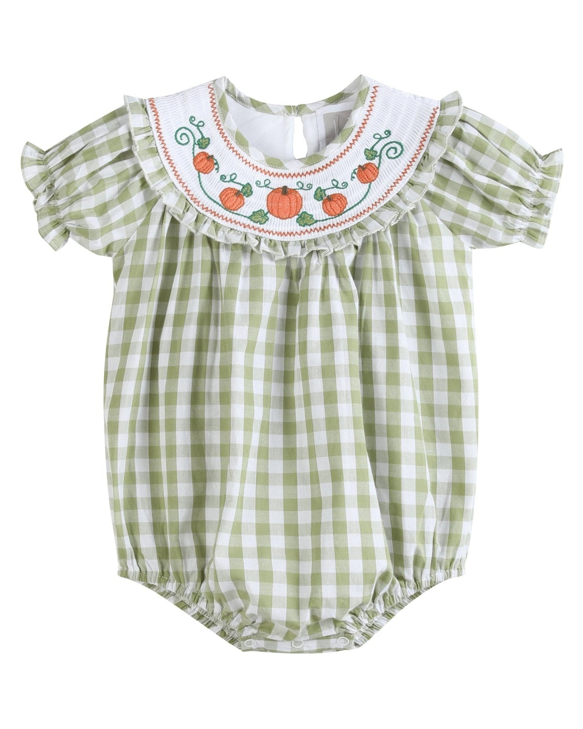 Sage Green Gingham Pumpkin Smocked Bubble Romper