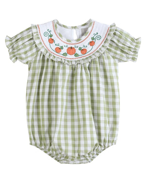 Sage Green Gingham Pumpkin Smocked Bubble Romper