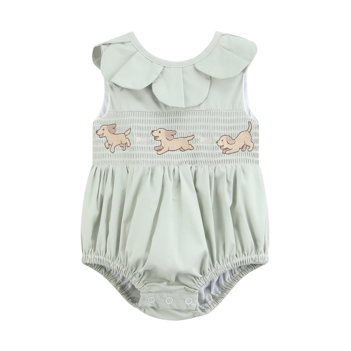 Sage Green Puppy Dog Petal Smocked Bubble Romper