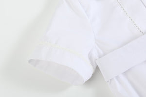 White Collared Button Romper with Bonnet