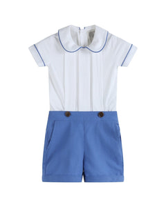 White Collared Top and Blue Button Shorts