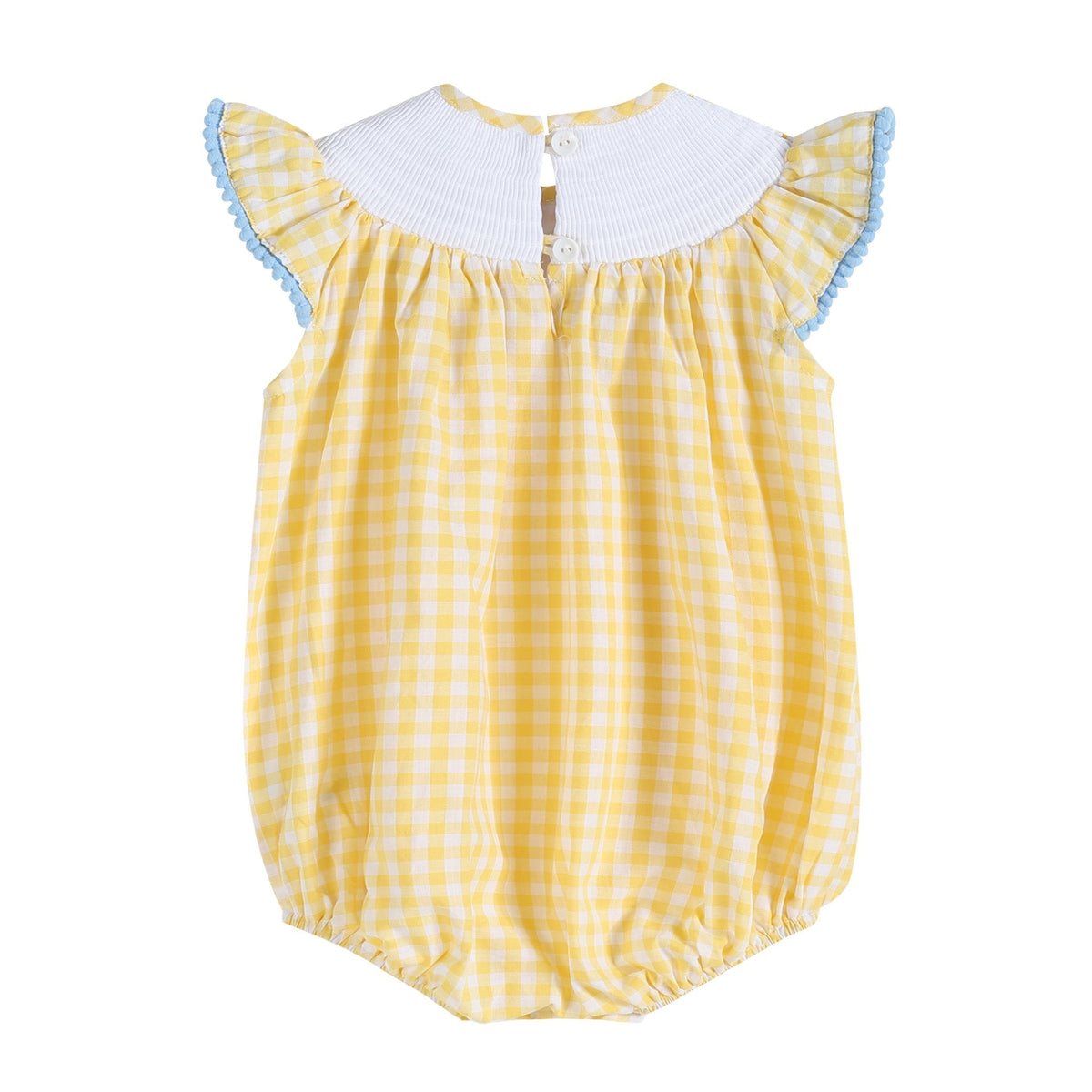 Yellow Gingham Lemon Smocked Flutter Bubble Romper