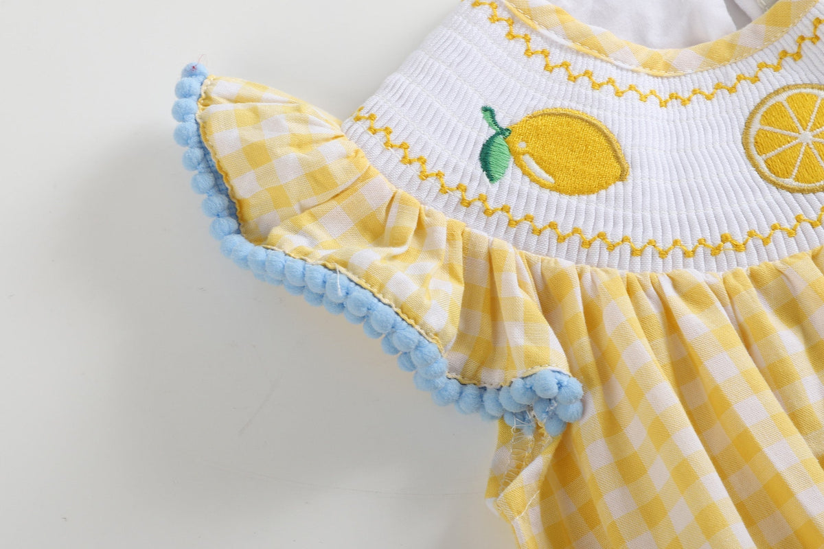 Yellow Gingham Lemon Smocked Flutter Bubble Romper