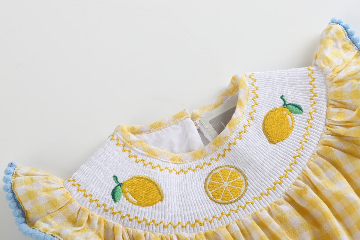Yellow Gingham Lemon Smocked Flutter Bubble Romper