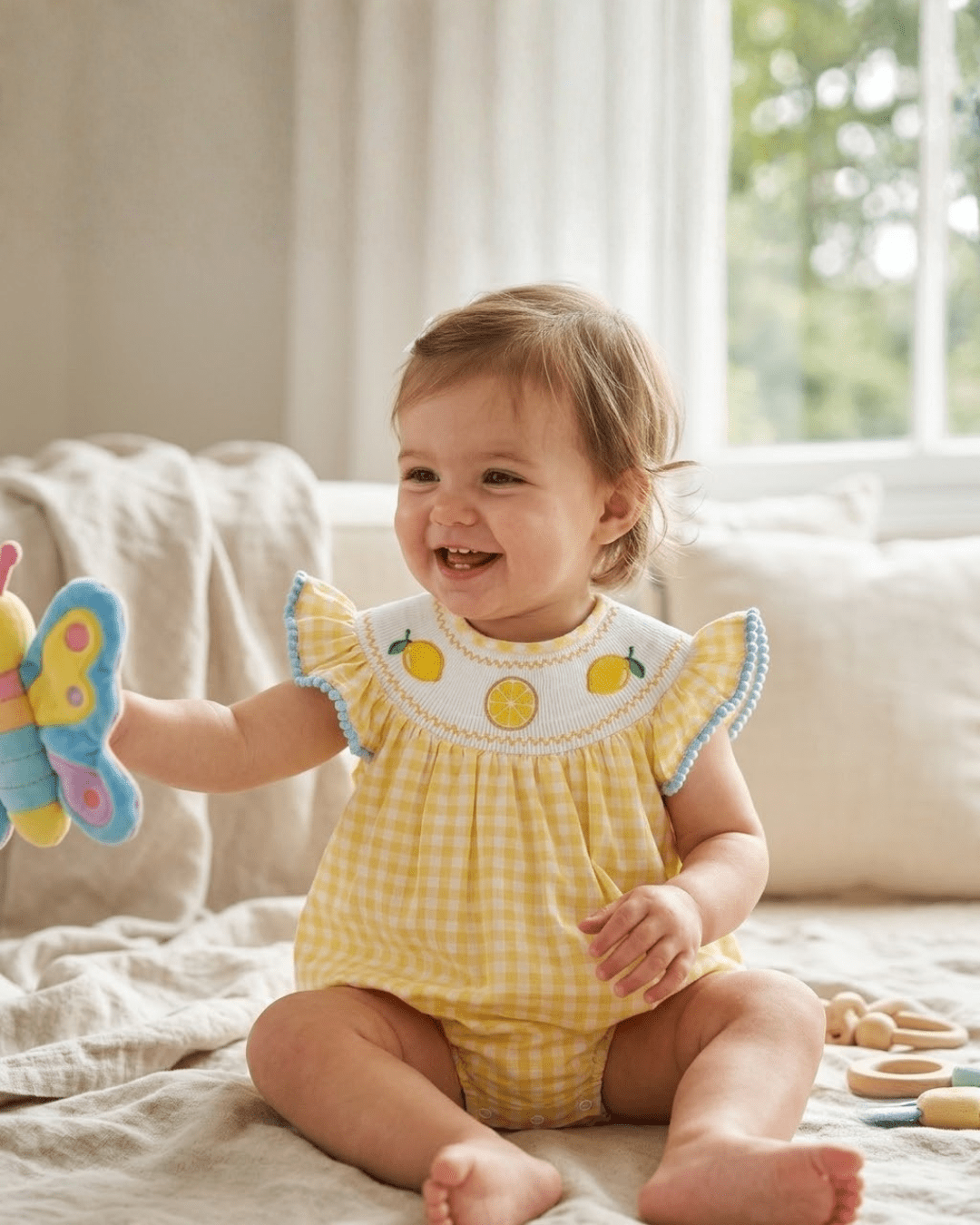 Yellow Gingham Lemon Smocked Flutter Bubble Romper