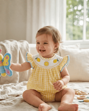 Yellow Gingham Lemon Smocked Flutter Bubble Romper